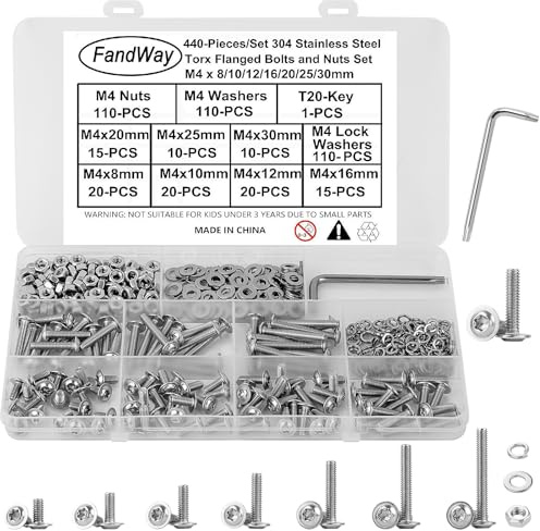 FandWay 440 Stk Linsenkopfschraube mit Flansch,M4 Torx Schrauben ISO 7380-2 Flanschschraube Gewindeschrauben Edelstahl A2 V2A Maschinenschrauben Muttern Unterlegscheiben Kit mit T10 Schlüssel.