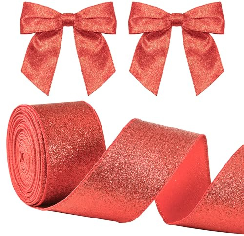 Zocipro Rotes Breites Schleifenband mit Draht, 6,3cm x 9M breite Geschenkband Glitzer, Weihnachten Drahtkantenband, Rotes Weihnachten schleifenband für Geschenkverpackung,Weihnachtsbäumen Deko