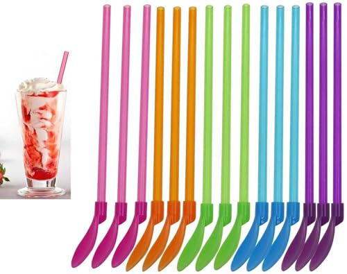 15pcs Reusable Plastic Straw Spoons Multi-Color (3 Green, 3 Rose, 3 Purple, 3 Blue, 3 Orange) | for Frozen Drinks, Smoothies, Ice Cream | Durable Eco-Friendly Spoon Straws for Home, Cafe & Party