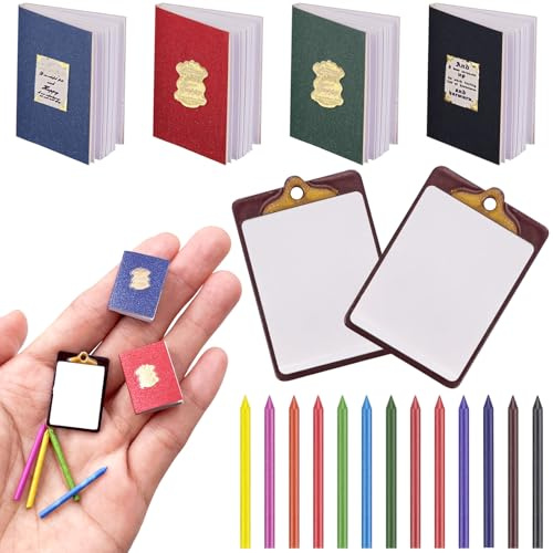 Miniature Gnome Accessories, 19 Pieces 1:12 Christmas Mini Dollhouse Accessories Book Clipboard Colouring Pencil Set, 1/12 Miniature Doll School Supplies Gnome Accessories Decoration for Dollhouse DIY