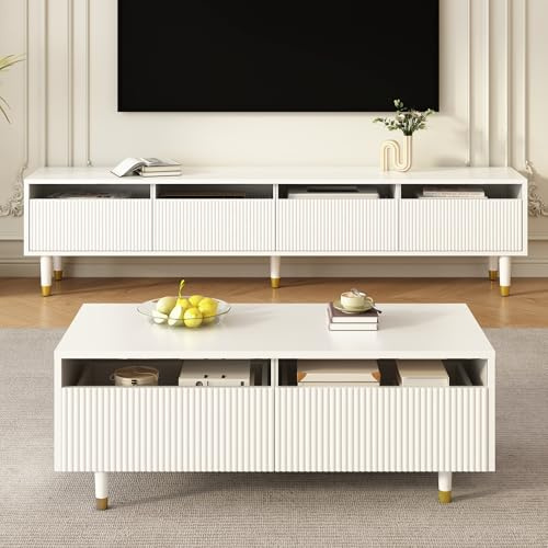 FammyLoft Wohnzimmer LED-Möbel Set, Viertüriger TV-Ständer und Couchtisch mit Zwei Schubladen – Weiß mit Gold-Design, Wellenstruktur und Acrylfronten für Einen Stilvollen Wohnstil, Weiß