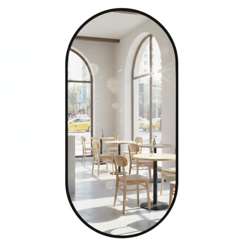 MAT-HAUS Furniture and home decor Specchio da parete ovale con telaio in metallo – Specchio da bagno in design moderno, montaggio a parete, Nero o Oro (Nero, 80 x 40 cm)