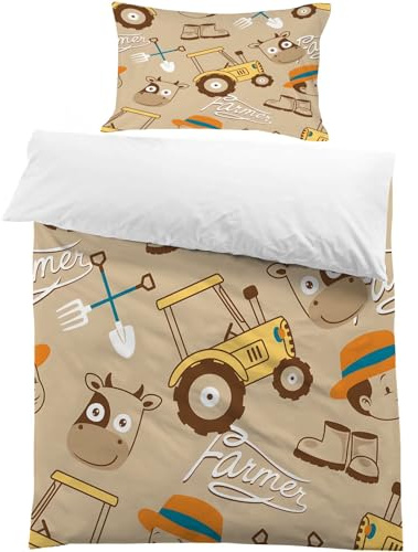 Housse de Couette 120x150 cm Modèle de Tracteur Agricole, Parure de Lit Style Ferme RétroEnfant , Housse Couette Microfibre Avec 1 Taie D'oreiller 65x65 Cm, Linge de Lit Fermeture éclair -Jw119