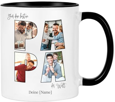 Personalisierte Fototasse für Papa selbst gestalten mit 4 Bildern – Bester Papa der Welt Tasse mit Namen – Individuelles Geschenk zum Geburtstag & Vatertag – 330ml schwarz