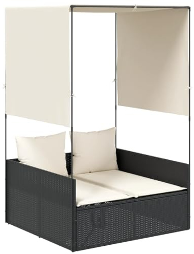 Tmriohed Doppel-Sonnenliege mit Dach und Vorhängen, Gartenliege aus Poly Rattan Schwarz, Outdoor Sonnenbett für 2 Personen mit Sitzkissen, 118 x 110 x 187 cm für Garten und Terrasse
