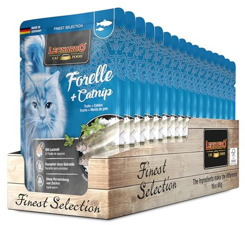 Leonardo Sacchetto salvafreschezza [16x85g Trota + Catnip] | Cibo umido senza cereali per gatti | Alimento completo umido in busta monoporzione