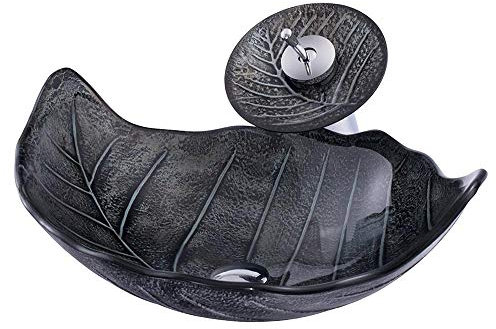 Homelava Lavabo in Vetro Temperato a Forma di Foglia con Rubinetto a Cascata, Tubo Pop-Up - Nero