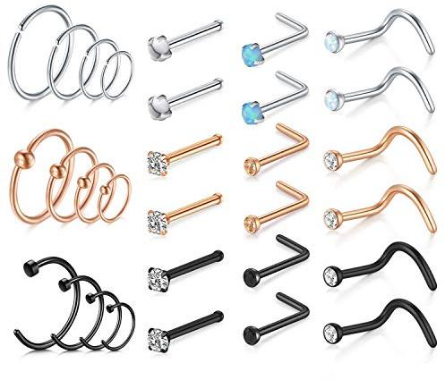 Mayhoop Nasenring Nasenpiercing 20 Gauge Set Chirurgenstahl L Förmig Nasenstecker Spirale Nase Stecker mit Strass Nase Piercing Schmuck 30Stk Rosegold Schwarz und Silber Farbe