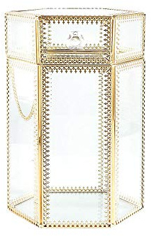 L-Lei Makeup Brush Holder with Lid,Clear Glass Makeup Brush Organizer Gold Makeup Brush Holder with Free White Pearls