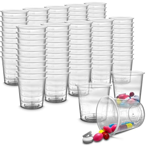 100 Pack - RE-GEN 60ml Graduated Clear Reusable Measuring Cups Pots Container Beaker Tubs - Ideal for Medicine, Kitchen Cooking, Catering, Medical Lab, Home
