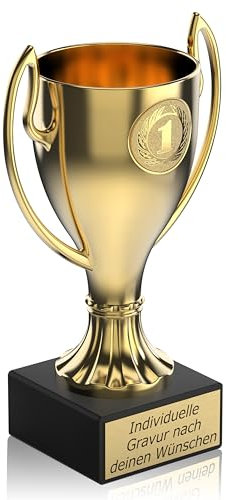 Zelaro Henkelpokal in Gold | Pokal mit Gravur Wunschtext – Trophäe in 5 Größen | Pokal Fußball | Fussball Pokal Kinder - 13 cm inkl. Marmorsockel