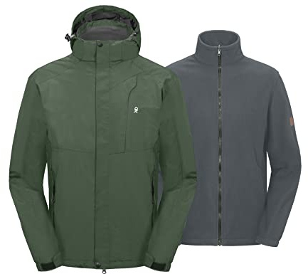 Little Donkey Andy Men's 3 in 1 Winter Ski Jacket Warm Fleece Liner Jacket Waterproof Windproof Snow Coat & Detachable Hood Army Green L