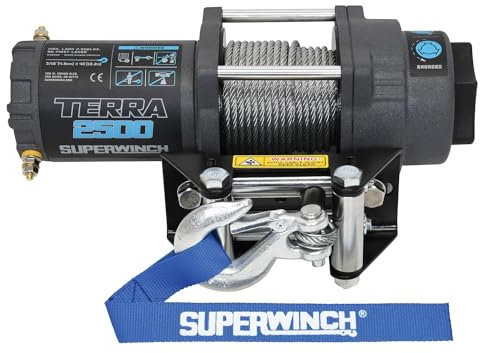 Superwinch 1125260 Terra 2500 12 V DC 2500 1133,99 kg verricello UTV/ATV a Linea Singola con passacavo a Rullo, 3/16 x 12,2 m, Cavo in Acciaio, Telecomando Portatile, Interruttore Manubrio