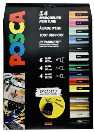 POSCA, 14 Marqueurs peinture base eau + Pochon - Tout Support | Uni Mitsubishi Pencil - PC1MC PC3M PC5M - 12 Couleurs couvrantes, permanentes sur surfaces poreuses