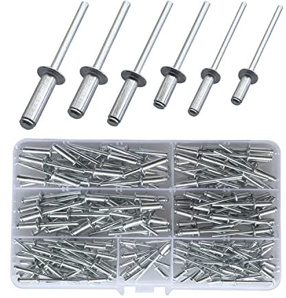 Lot de 210 rivets aveugles en aluminium à grande bride (3,2/4/5 mm) (8/10/12/14/16) pour métal, boîte de rangement, meubles, bleu marine (argent)