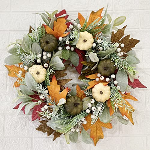 Autumn Wreath Front Door, Fall Wreath Rattan Frame with Pumpkin, Berries, Pine Cone and Maple Leaves for Halloween Thanksgiving Autumn Harvest Decorations 45CM