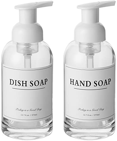 rejomiik Foaming Soap Dispenser, 2 Pack / 12.7oz (375ml) / White, Glass & PET, BPA Free, Kitchen & Bathroom, Countertop Soap Dispenser