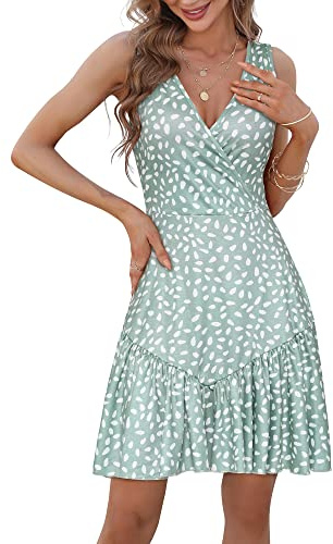 FENSACE - Vestido corto de verano sin mangas, sexi, mini, con escote de pico y estampado de flores, para mujer, M