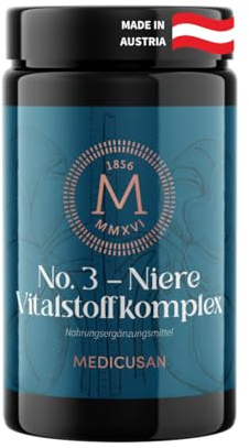 Medicusan No.3 Niere – 1.200mg Goldrute – 1.200mg Zinnkraut – 1.500mg Brennnessel – 150mg Wacholderbeeren, Birkenblatt – 400mg Echte Bärentraube, Kapuzinerkresse – 2Kapseln/Tag – 60Kapseln/30Tage