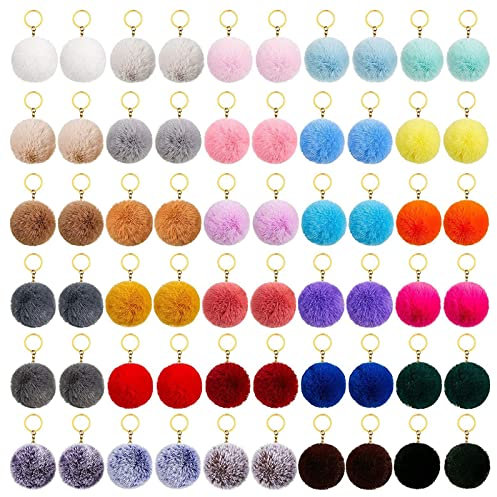 Wanghuaner Schlüsselanhänger 50-teiliges Set Pom Pom Schlüsselanhänger Flauschiger Kunstpelz-Pompons Schlüsselanhänger mit Spaltring und Schlüsselanhänger für Taschenanhänger-Accessoires
