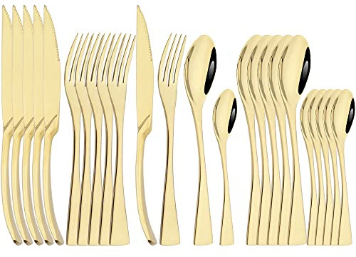 Western 24pcs Rainbow Vajilla Set 304 Cubiertos de acero inoxidable Juego de vajilla Cocina Cena Cuchillo Tenedor Cuchara Juego de cubiertos (Color : Steak knifeChampagne)