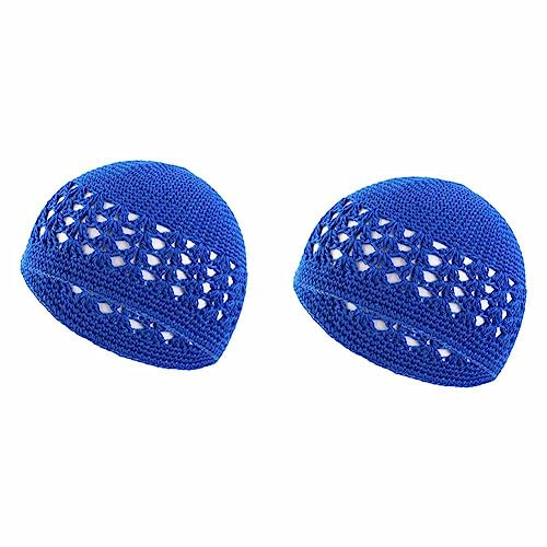 SHTGOI 2 Stück Gestrickte Kufi-Mützen Handgemacht Häkelmütze Baumwolle Strickmütze Totenkopf-Mützen Haarnetz Kappe Gebetsmütze Islam atmungsaktive Beanie-Mütze für Sommer Männer und Fraun Saphirblau