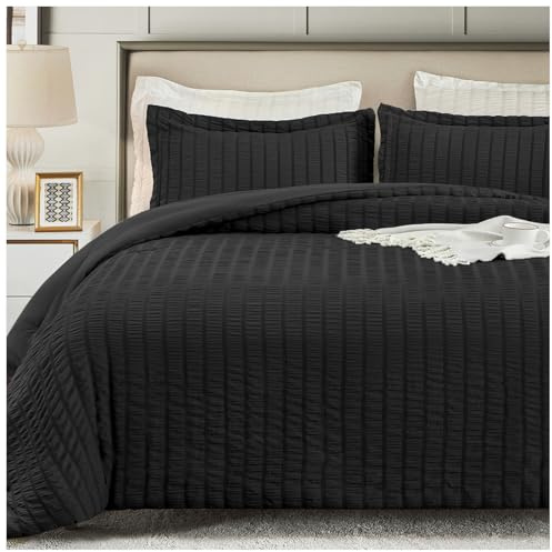 satisomnia King Comforter Set Black, Soft Seersucker Comforters King Size Bed, 3 Pieces Lightweight Down Alternative Bedding Comforter Sets All Season, Fluffy Comforter with 2 Shams 106x90 in