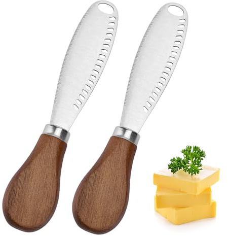 Blingbin 2 Pack Butter Knife, Stainless Steel Butter Spreader Knife with Wooden Handle, 3 in 1 Butter Knives with Serrated Edge, Butter Grater Kitchen Gadgets for Cutting and Spreading Cheese Jam
