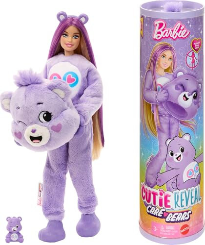 Barbie Cutie Reveal Care Bears Muñeca de moda y accesorios, incluye un disfraz de la osita Generosa y 10 sorpresas, incluidos el cambio de color y una osita en miniatura, JCN94