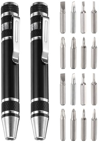 sourcing map 2pcs 8 in 1 Mini Pocket Pen Screwdriver Set CR-V Multi-Function Small Magnetic Screw Driver with Phillips and Flat Head Bits for Computer Eyeglasses, Black