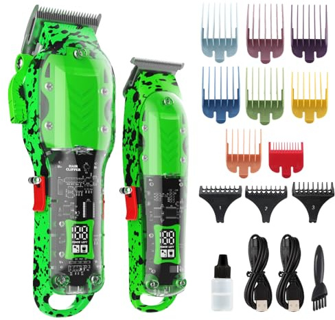 Tuanchuanrp Professional Hair Clippers for Men, Cordless Barber kit for Hair Cutting & Grooming, Hair Clippers and Trimmer Set for Barber Haircut with LED Display, 8 Fade Taper Combs(Green Set)