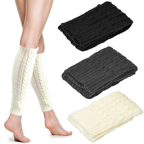 3 par Legwarmer Knit benvärmare dam, varma benvärmare ren färg ben knästrumpor, vinterbenvärmare balett manschetter, för flickor chef, kläder 80–90, vintertillbehör., Svart, grå, beige, 0