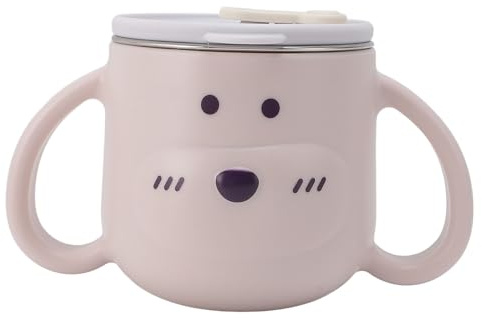 Fockety Tazza Termica per Bambini con Cannuccia, Tazza per Latte per Asilo in Design Cartoon in Acciaio Inossidabile 316L, Tazze per Bambini a Doppia Parete da 250 Ml Barattolo (PINK)