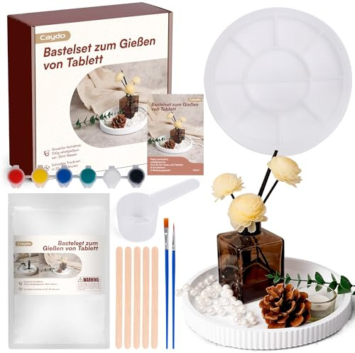 Caydo Gießpulver Starterset, Silikonformen Gießformen runde Paletten mit Gießpulver 500g, 22.5cm DIY Untersetzer Silikonformen Reliefgießpulver zum Ausgießen mit Kreativ-Beton, Schmuck-Beton, Gießharz