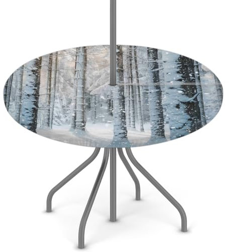 Woltant Tovaglia rotonda con foro per ombrellone e cerniera, facile da pulire, con bordi elastici, protezione per tavolo da giardino, patio, barbecue (foresta innevata)