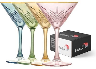the mask el turko Set of 4 Vintage Coloured Martini Glasses with Gold Rim, Cocktail, Sparkling, Espresso Martini, Margarita and Champagne Glasses with Long Handled (7.7 oz/230 ml)