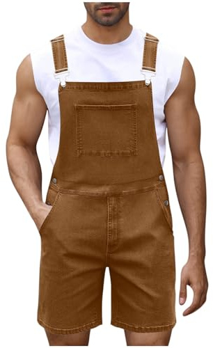 Salopette da uomo in denim salopette e bretelle salopette con tasca con cerniera tuta corta tinta unita casual jeans pantaloncini tuta da lavoro, Caff, 3XL