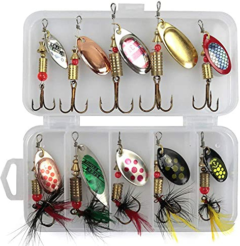 huaaiji 10Pcs Spinner Bait Set Multi Colored Fishing Spinners Lures Baits Pike Fishing Lures with Box for Trout Salmon Bass Fishing Set