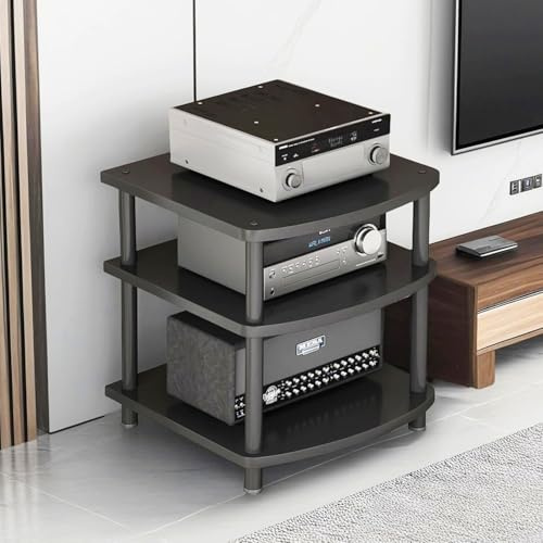 XEOKXOIT 3 Tier AV Media Stand, Audio Rack Tower Adjustable Height, TV Game Console Equipment Shelf, CD Record Player Stereo Component Rack Cabinet for Home Theater Studio (Black)