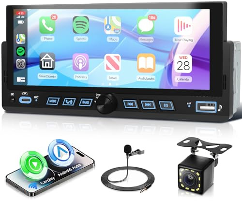 VECHTEL 8.68 Single Din Car Stereo-Wireless CarPlay&Android Auto Bluetooth 5.2 Touchscreen Car Stereo Receivers Rear View Camera-FM Radio/Mirror Link/USB/AUX/Charge/EQ Single Din Radio