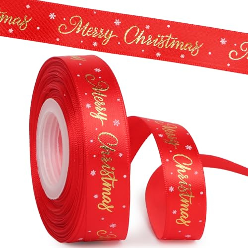 25 Yard Weihnachtsband 2cm breit Geschenkband Satinband Schleifenband Dekoband zum Basteln Band Weihnachten Stoffband Ribbon für Geschenk Weihnachtsbaum Dekoration Weihnachtsdeko (Rot)