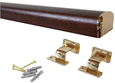 Corrimano per scale in legno sagomato, colore noce scuro, Kit compreso di supporto e terminale ottonato, varie misure (Noce scuro 1,5mt)