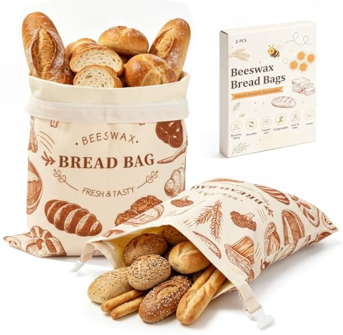 MAIJIAJU 2 Pack Beeswax Bread Bags, Reusable Linen For Sourdough Loaves | Natural Beeswax Lining Lock In Bread Freshness, Extra Large Size Fits Artisan Loaves, Eco Friendly Food Grade Cotton Material