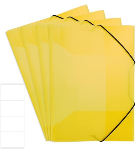 4 Stück Sammelmappe A4, Postmappe aus Kunststoff Transluzent Eckspannermappe mit Gummizug und Innenklappen Dokumentenmappe für Schule Büro Zuhause (Gelb, mit Aufkleber)