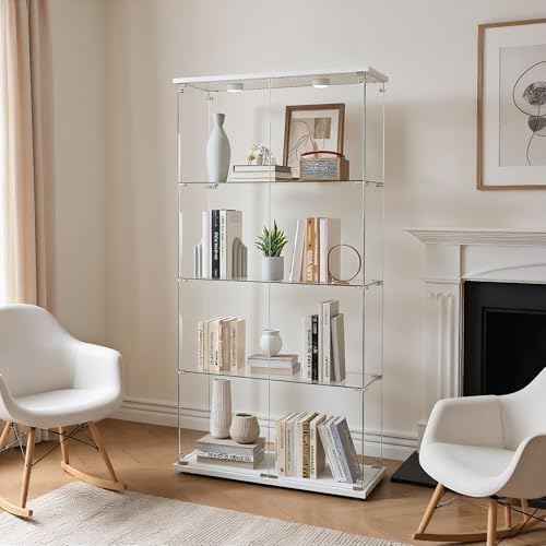 TIMORWTF Glasmonter med LED-lampor, modern rustning monter med 4 hyllor och 2 dörrar, väggskåp för samling, sovrum, vardagsrum och matsal, vit