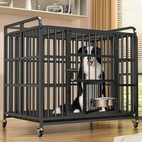Hundbur Hundkoja Utomhus Hopfällbar Tillverkad Av Galvaniserat Rör Med Hjul Och Utdragbar Bricka 3 Storlekar Takfönster Öppnas for Förvaring Stor Hundbur Med Flyktssäker(Black,110 * 72 * 92cm)