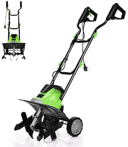 GiantexUK 1200W/1500W Electric Tiller, Lawn Soil Scarifier with 4/6 Blades, Adjustable Wheels & Foldable Handle, Lightweight Garden Cultivator Rotovator Rototiller (35cm Cutting Width, Green+Black)