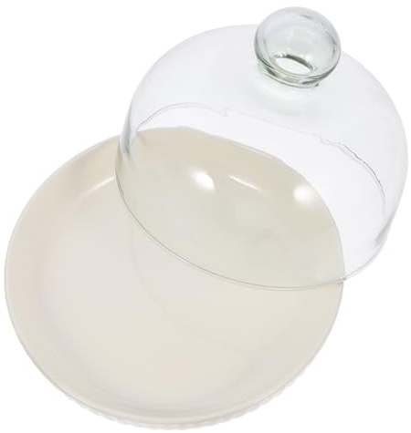 Veemoon Plateau à Gâteau Rond 18 Cm avec Cloche en Verre Transparente, Assiette de Service Crème 1 Pièce, Présentoir à Desserts pour Buffet, Pâtisserie et Présentation de Fruits