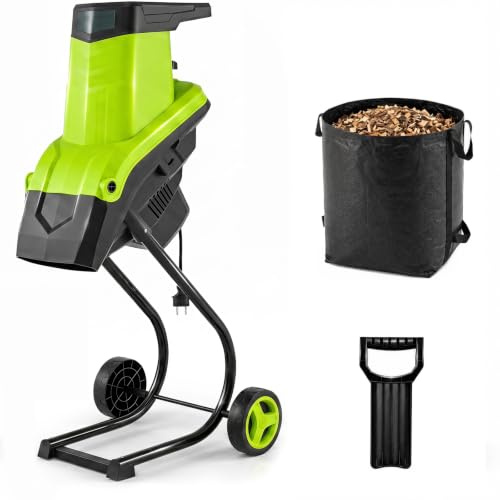 HOMASIS Trituradora de Ramas para Jardín, 2500 W Biotrituradora Eléctrica con Ruedas, Diámetro de Corte de 45 mm, Relación de Reducción 21:1, Bolsa de Recogida de 50 L y Paleta de Empuje (Verde)