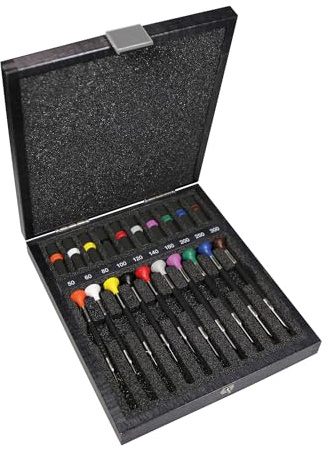 Bergeon 6899-A10 Schraubendreher-Sortiment, 10 Schraubendreher, 0,50 bis 3 mm, im Holzetui mit 10 farbig markierten Tuben mit je 2 Ersatzklingen